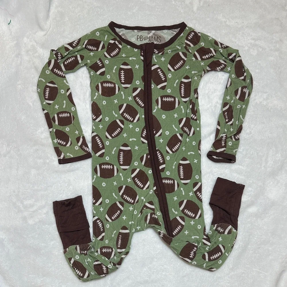 PB & Jams bamboo green Football Print zipper sleeper fold over footies 12/18mo